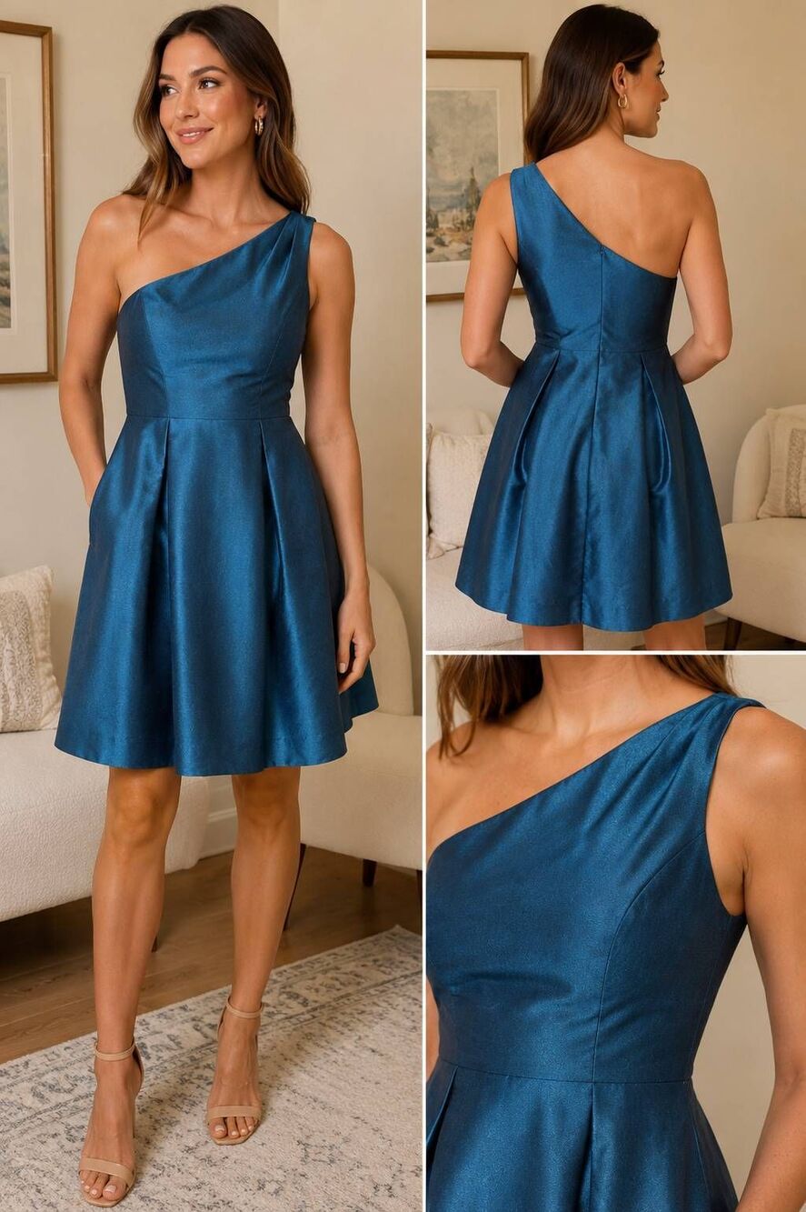 Alfred Sung D458 Teal One Shoulder Dupioni Cocktail Dress Size 14 NWT
